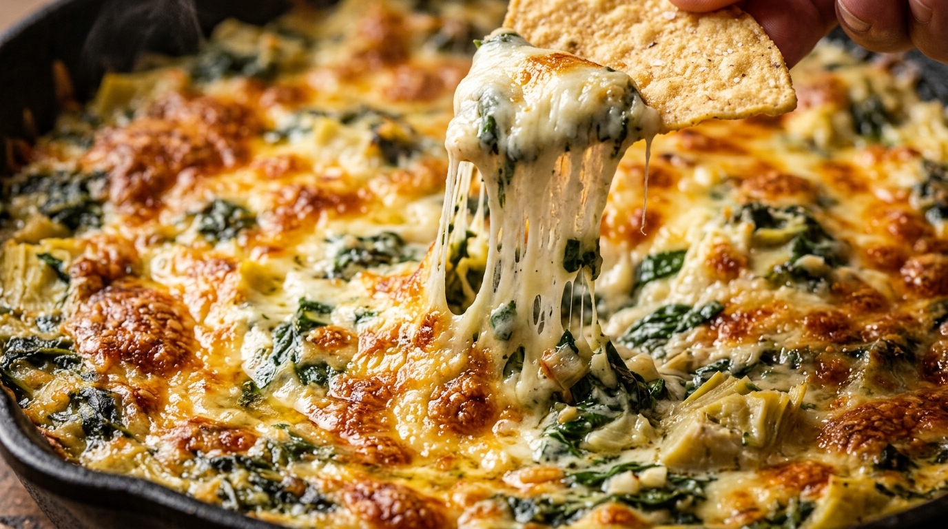 Ultra close-up macro scoop of hot bubbling baked spinach artichoke dip with melted golden brown mozzarella cheese pull and crunchy tortilla chip