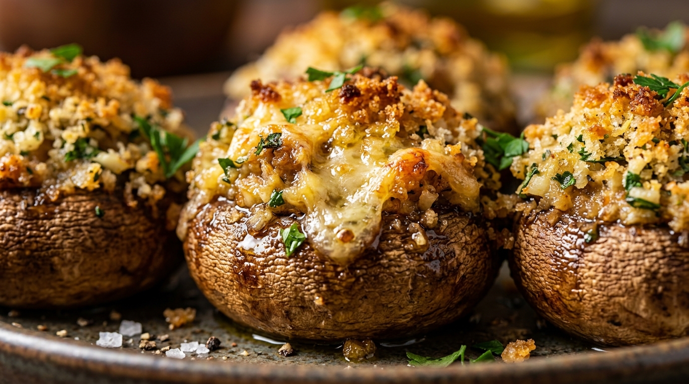 Ultra close up of crispy garlic herb stuffed mushrooms with golden panko crust and melted parmesan