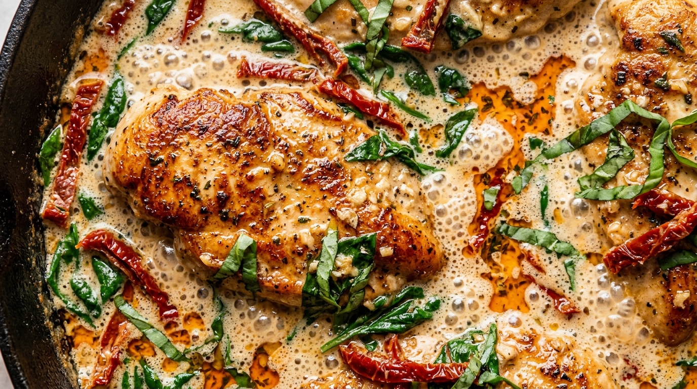 Ultra close-up macro pan sear of golden chicken cutlets simmering in velvety sun-dried tomato garlic parmesan cream sauce with wilted spinach and fresh basil
