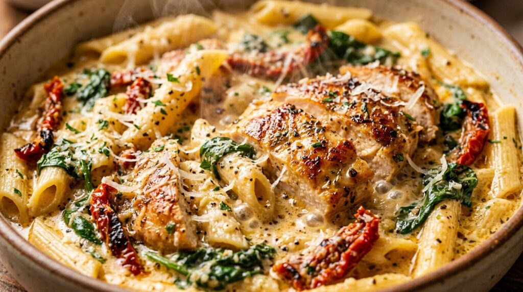 Ultra close-up macro of creamy Tuscan garlic chicken penne pasta with sun-dried tomatoes and baby spinach