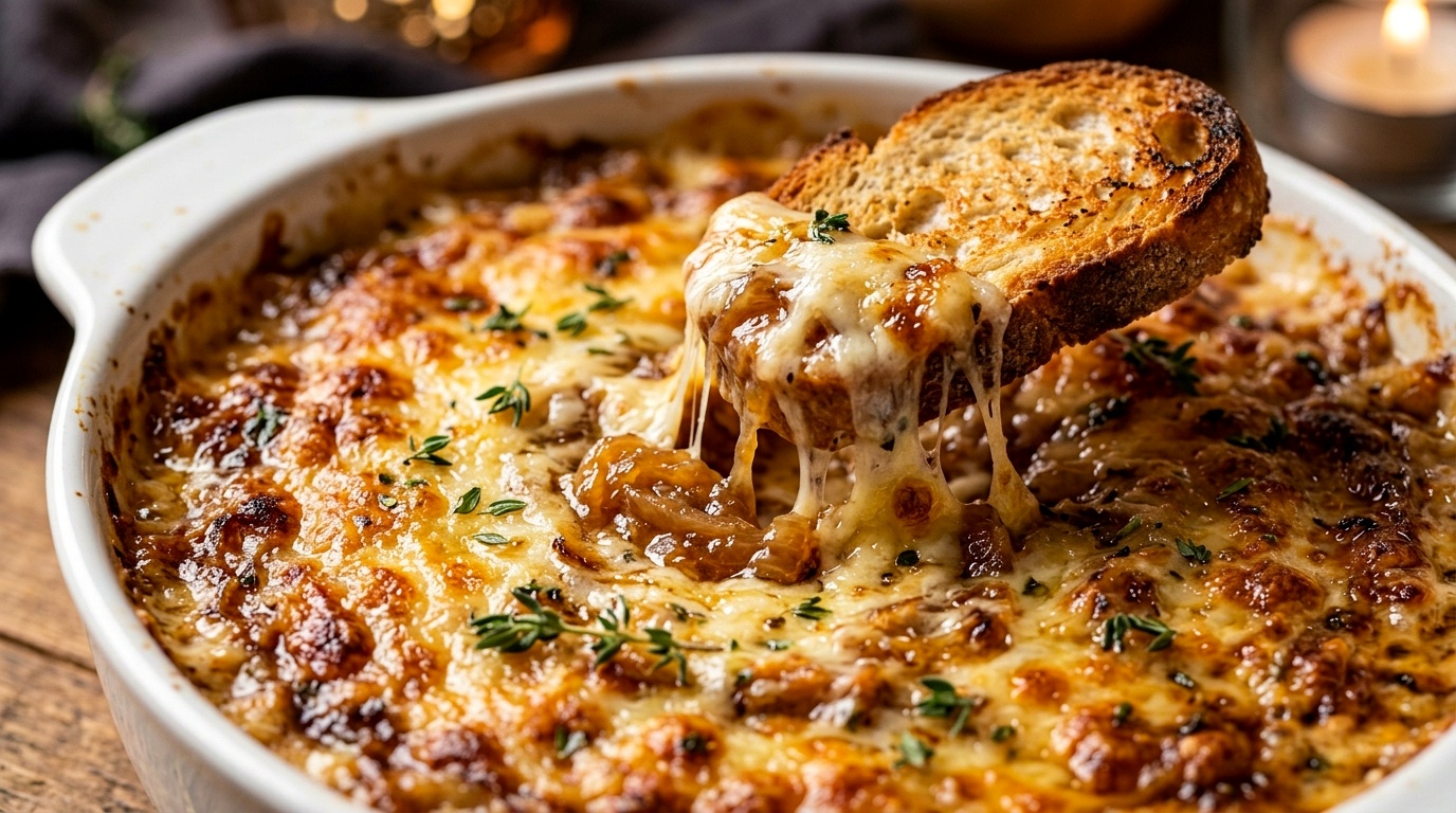 Warm caramelized onion and gruyere dip ultra close-up macro food photography with bubbling melted cheese and toasted sourdough crostini dipping