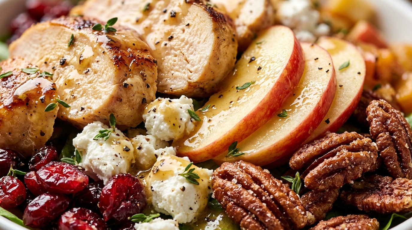 Warm harvest chicken salad with sliced chicken, Honeycrisp apples, candied pecans, and goat cheese